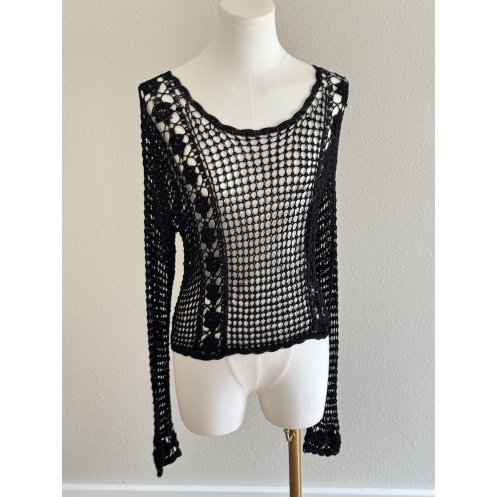Vtg Y2K Whimsigoth Fairy Grunge Crochet Top S/M Boho Witchy Vamp Sheer Open Knit
